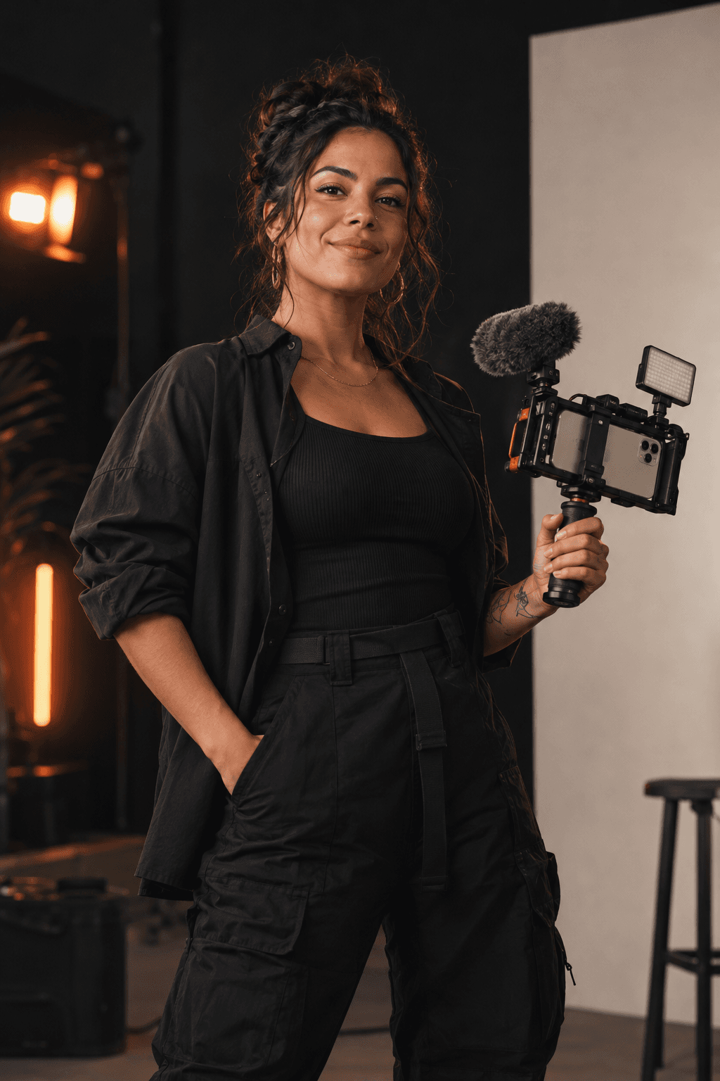 Retrato ilustrativo de uma storymaker com equipamento de filmagem mobile